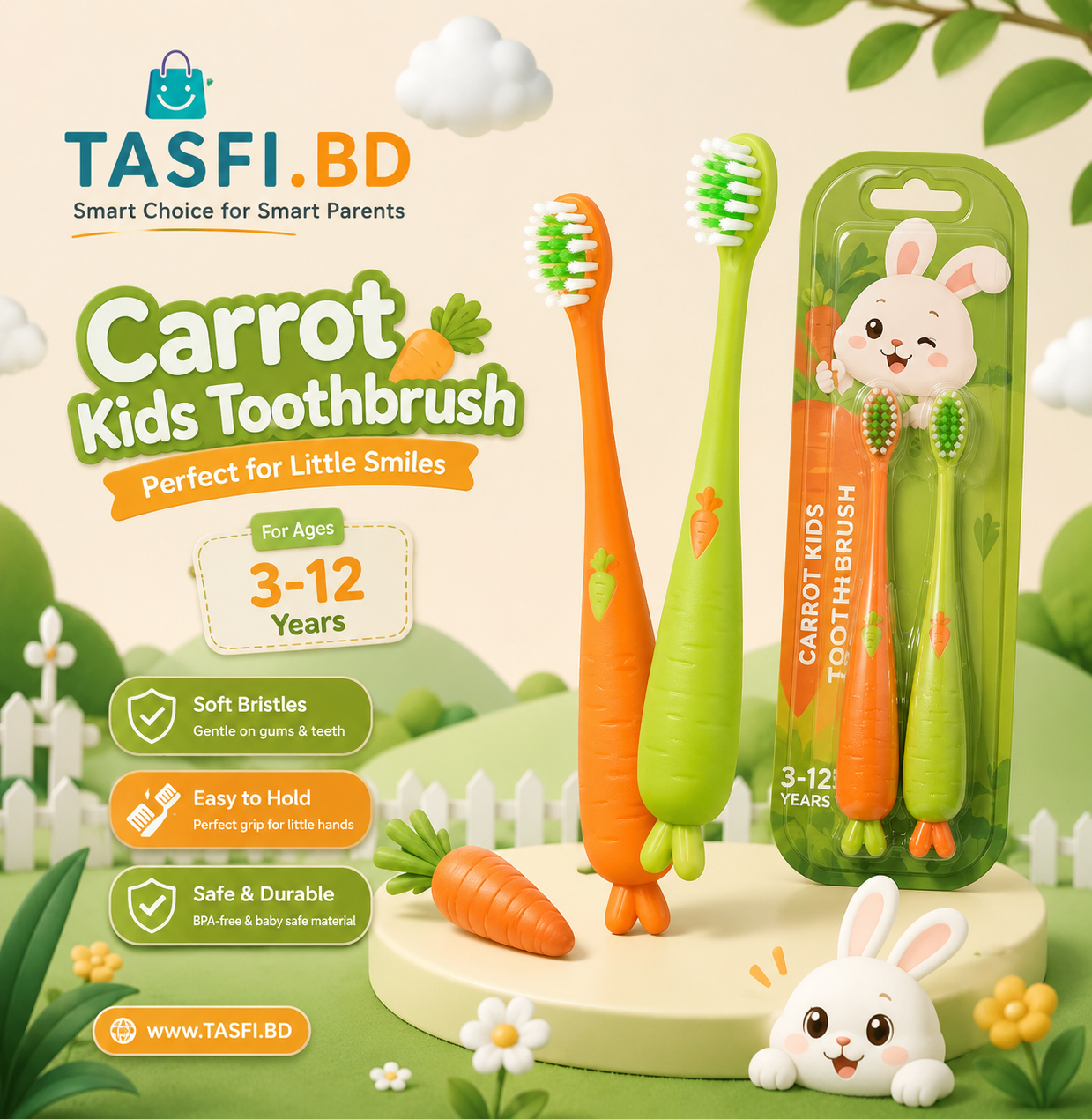 Tasfi Cute Carrot Shape Soft Bristle Kids Toothbrush (Pack of 2)